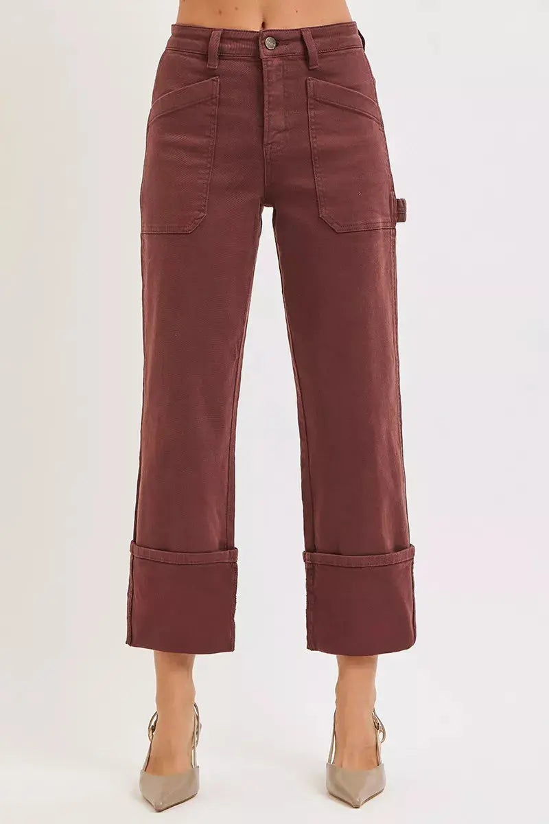RISEN Jeans - Full Size High Rise Wide Straight Cuffed Patch Jeans
