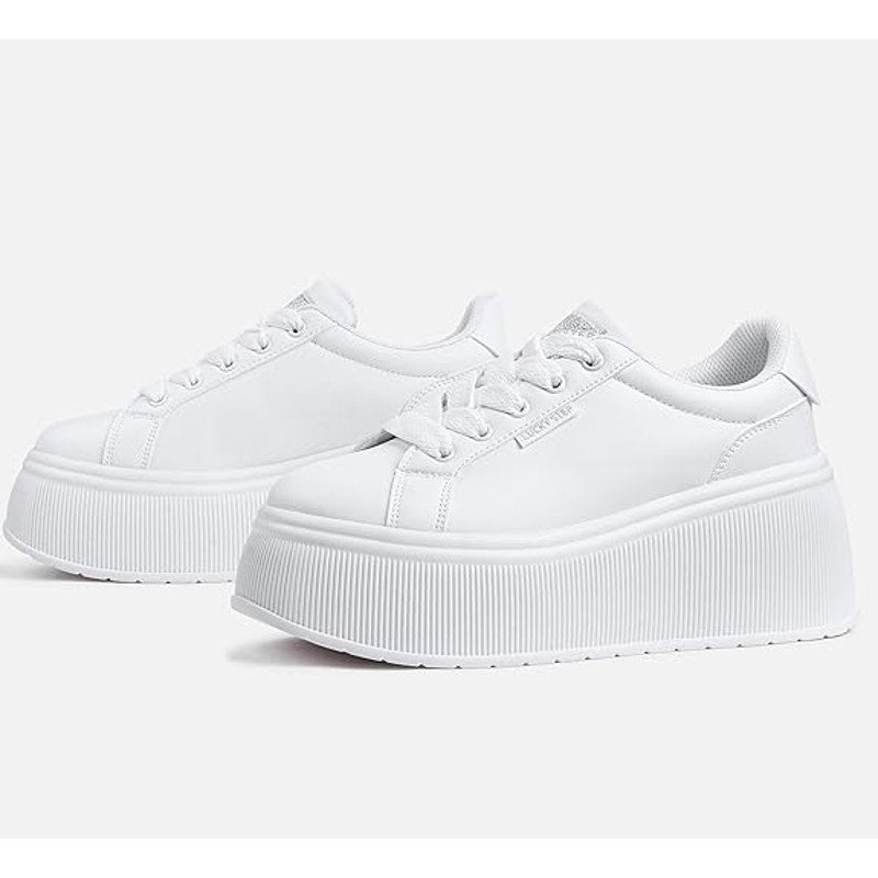 New Lucky Step Womens 8 White Classic Wedge Canvas Platform Fashion Sneakers