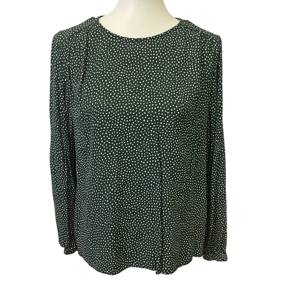 H&M Womens Size 12 100% Viscose Long Sleeve Forest Green Polka Dot Blouse Top