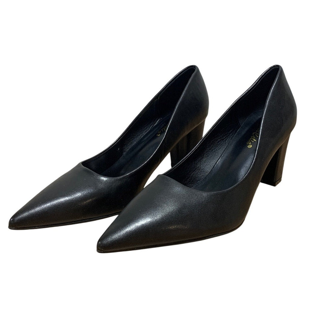 VenusCelia Womens Size 9 Black 3" Block Heel Closed Pointed Toe PU Leather Shoes