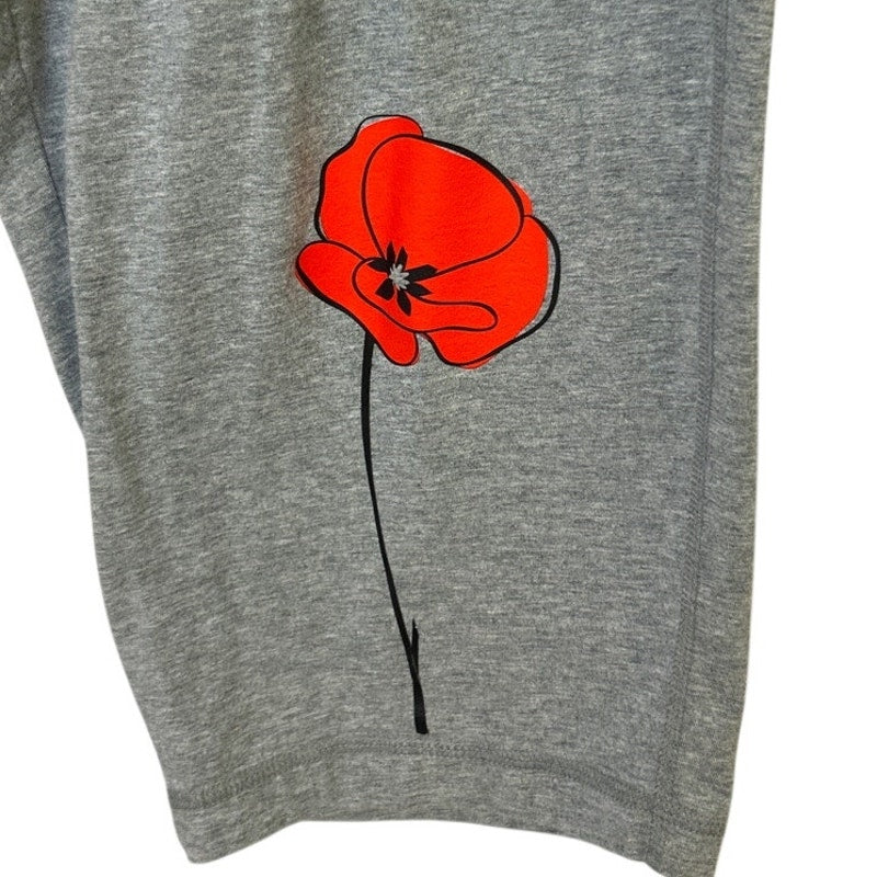 Upcycled Hand Printed Womens XXL Red Poppy Flower Athletic Gray Capri Leggings