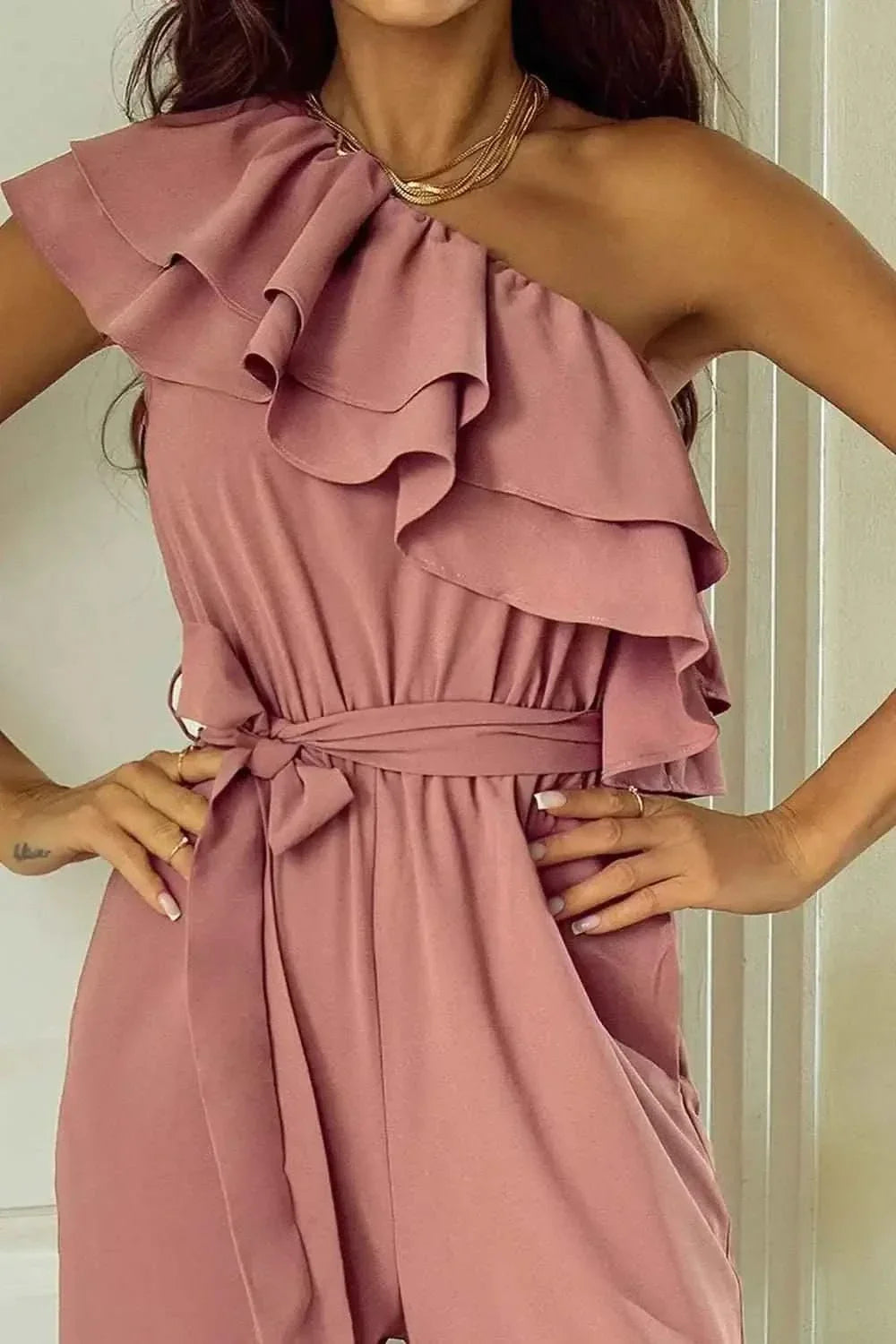 Ruffled Tied : One-Shoulder Jumpsuit