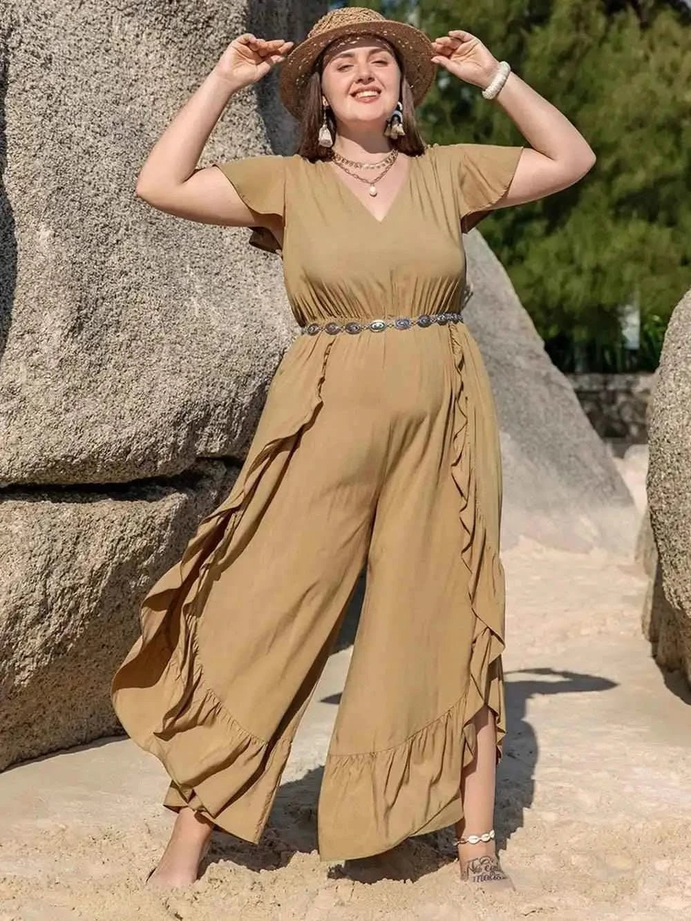 Plus Size Slit Ruffled : V-Neck Jumpsuit