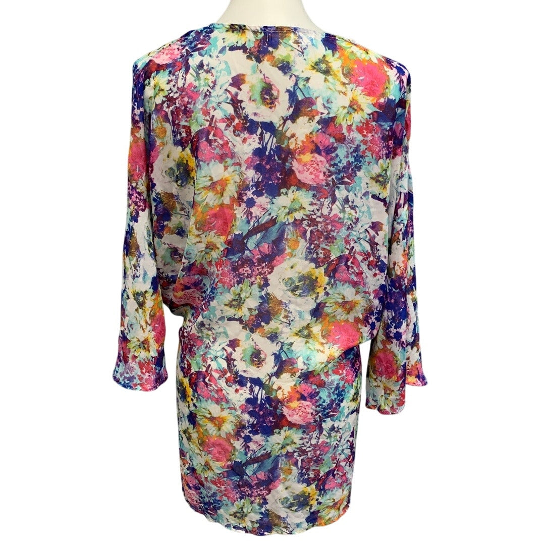 MOD Womens Medium Bright Floral Lightweight Flowy Front Tie Long Sleeve Coverup