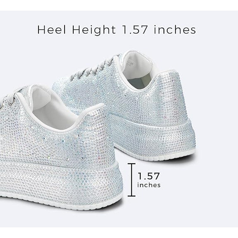 Lucky Step Womens Size 8 Silver Rhinestone Lace Up 1.5" Platform Sneakers Shoes