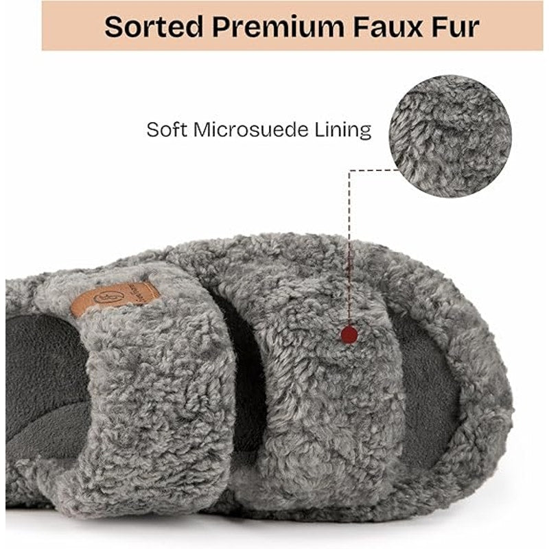 New EverFoams Womens Size 9/10 Gray Fuzzy Open Toe Memory Foam Slide On Slippers