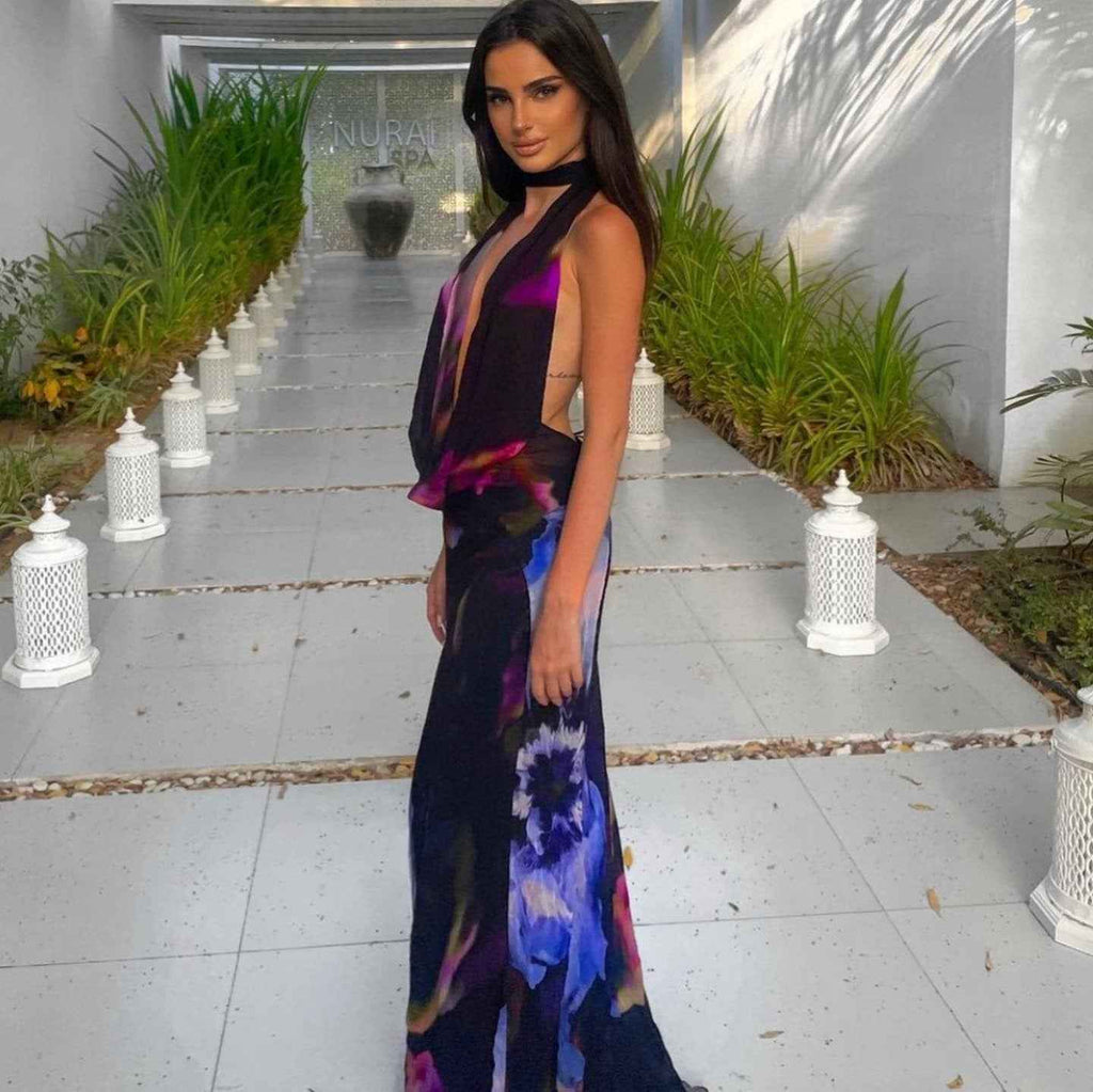 European Women's Sexy Backless : Printed Dress