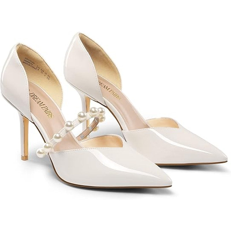 Dream Pairs Womens Size 9 White Pearl Pointy Toe Foot Strap 4" Heel Pumps Shoes