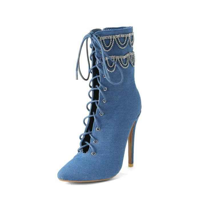 Rhinestone Chain Stiletto Pointed Toe : Ankle Boots