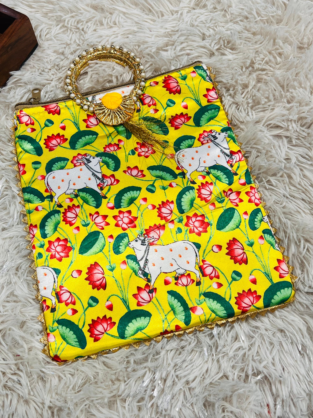 Handmade Yellow Pichwai Cow Print Potli Bag | Indian Ethnic Clutch with Pearl Handle | Festive Wedding Gift