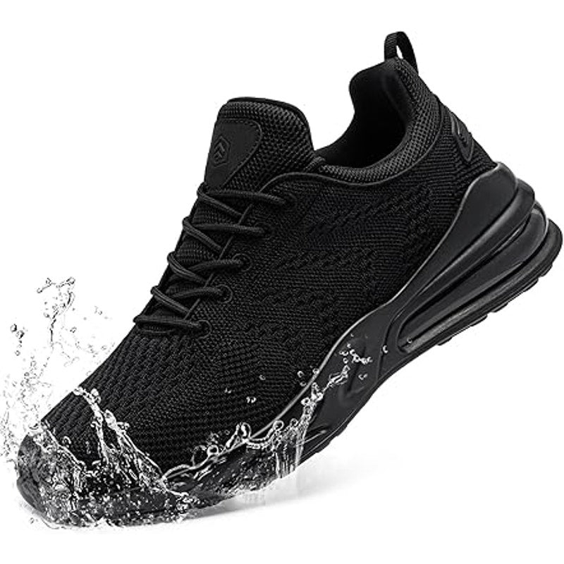 Larnmern Mens 9W Wide Black Lace Up Non Slip Air Cushioned Waterproof Work Shoes