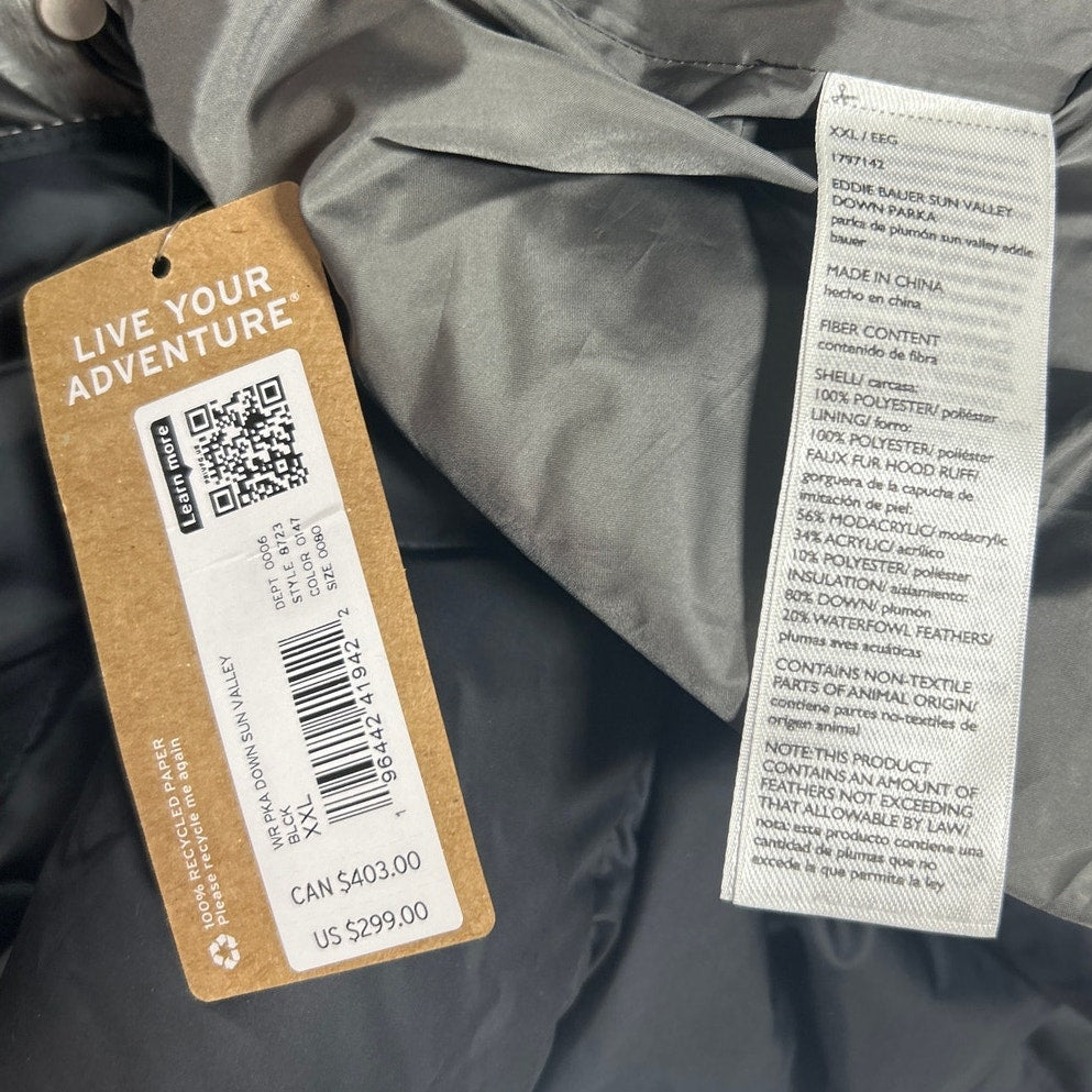 New Eddie Bauer Womens XXL Black 650 Down Sun Valley Puffer Parka Long Coat