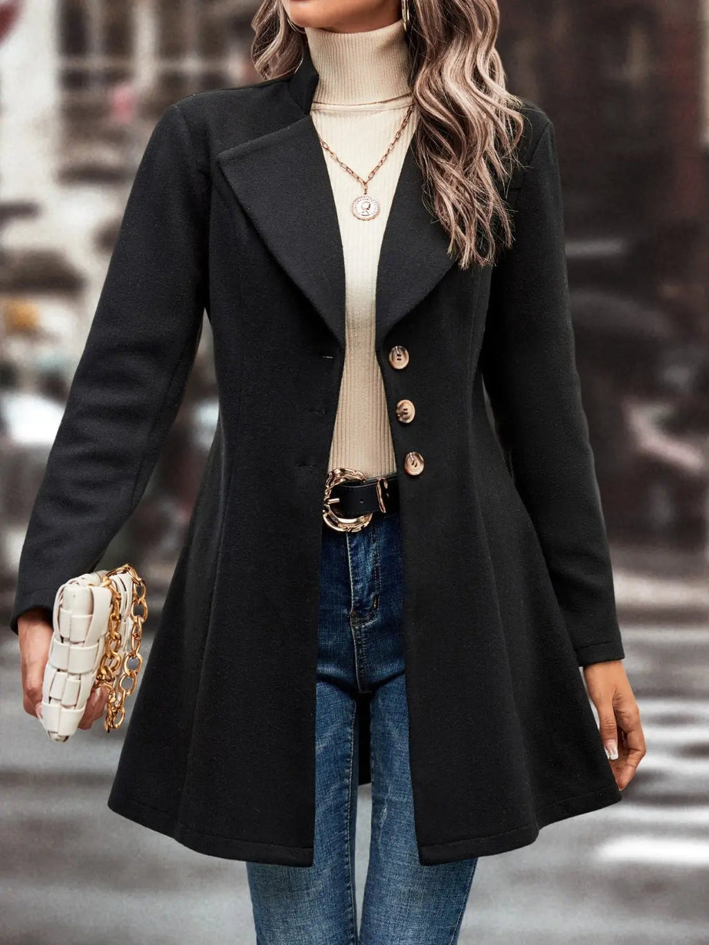 Collared Neck Long Sleeve Womens Longline Coat