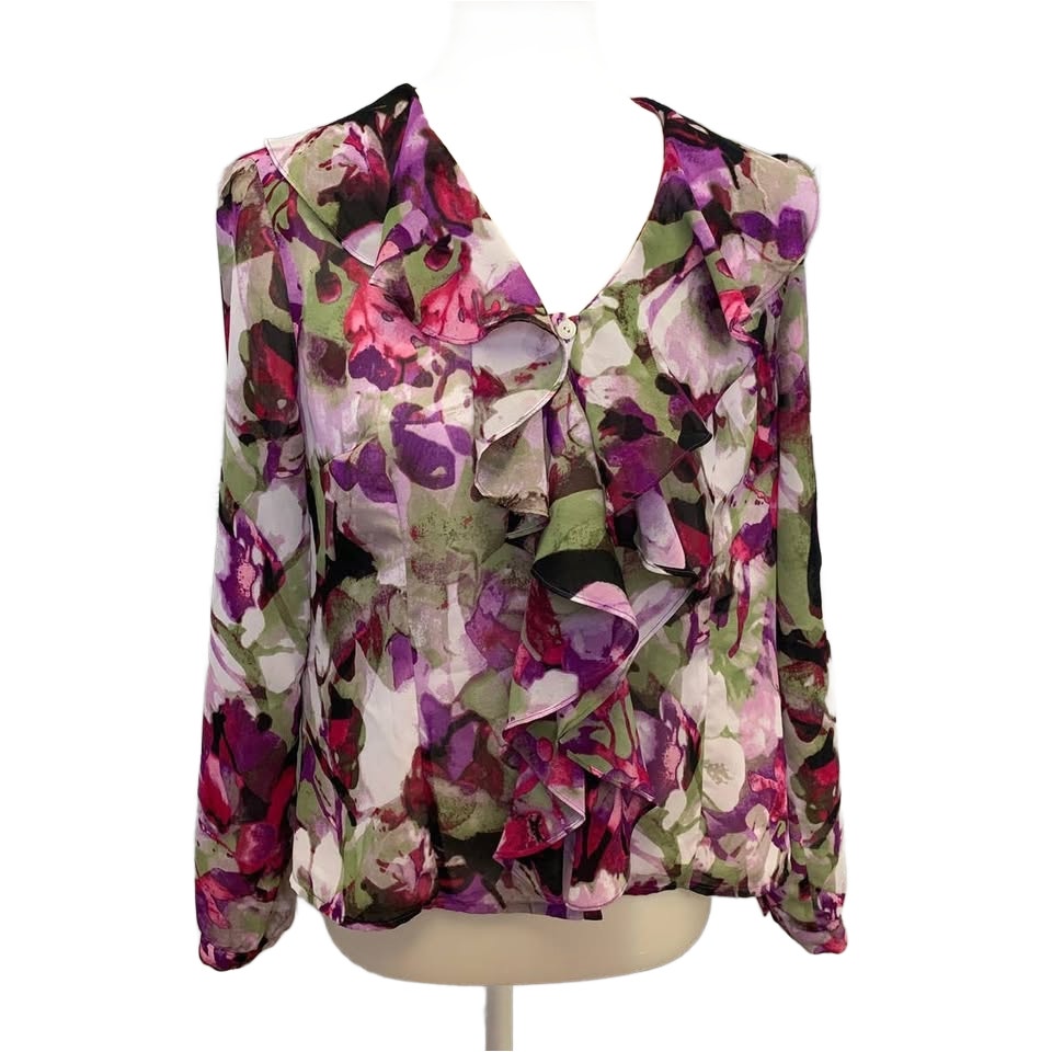 Evan Picone Petite 12P Long Sleeve Floral Ruffled Polyester Button Down Blouse