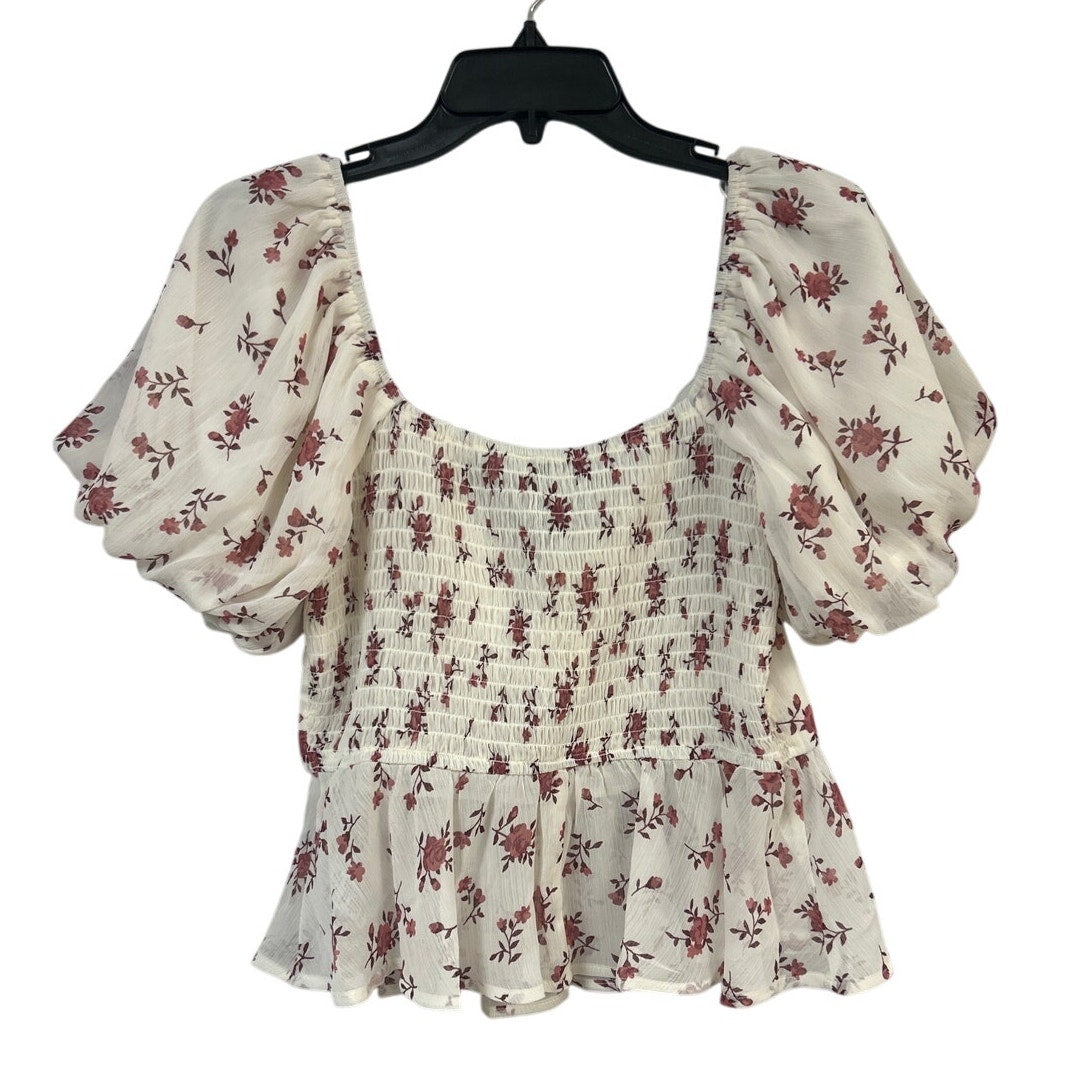 New Francescas Womens Large Cream Pink Floral Boho Blouson Cottage Smocked Top