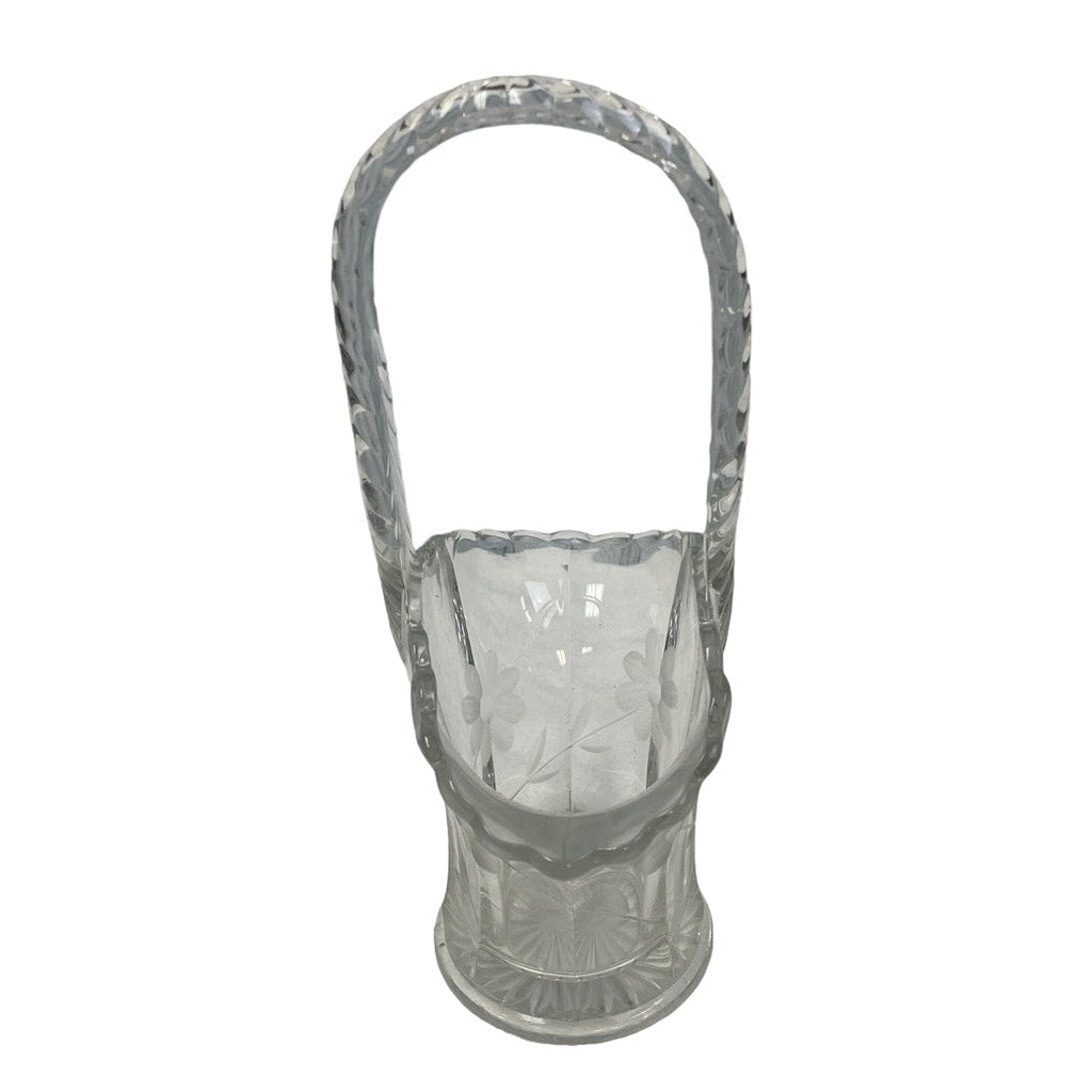 Vintage Clear Glass Floral Etched Trinket Tabletop Flower Basket w Handle