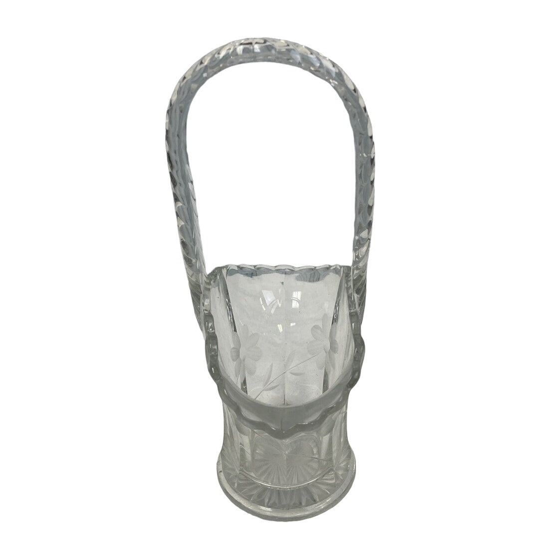 Vintage Clear Glass Floral Etched Trinket Tabletop Flower Basket w Handle