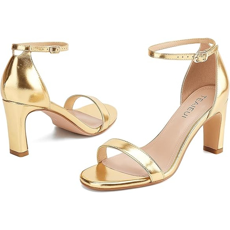 Teaieui Womens Size 6.5 Shiny Gold 3" Heel Open Toe Ankle Strap Sandal Shoes