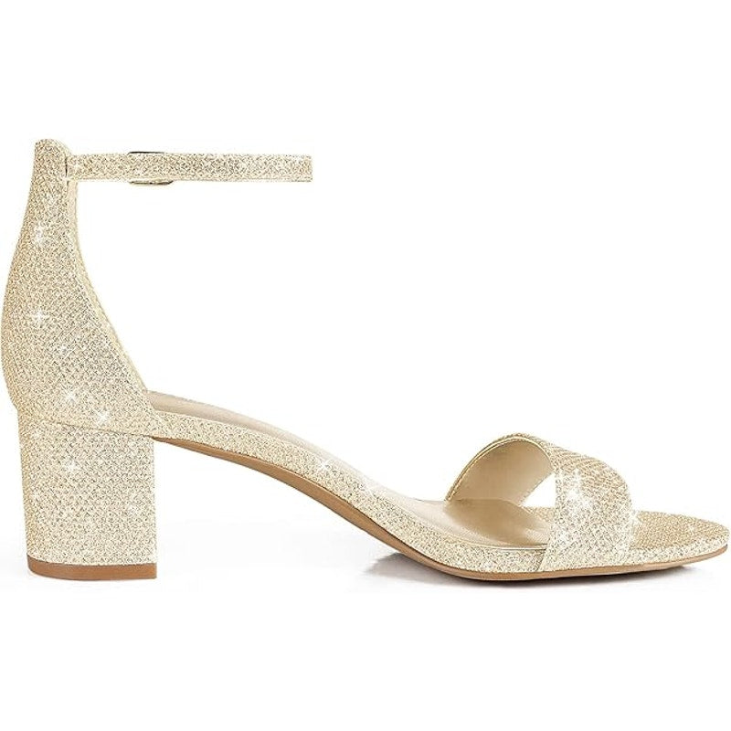 Pizz Annu Womens 6 Gold Glitter Ankle Strap 2" Block Heel Open Toe Sandal Shoes