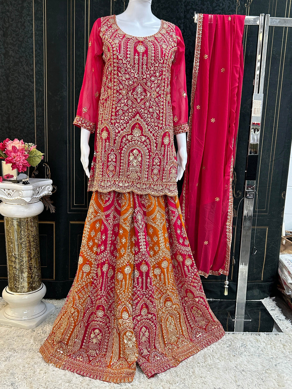 Dark pink sharara suit with heavy work