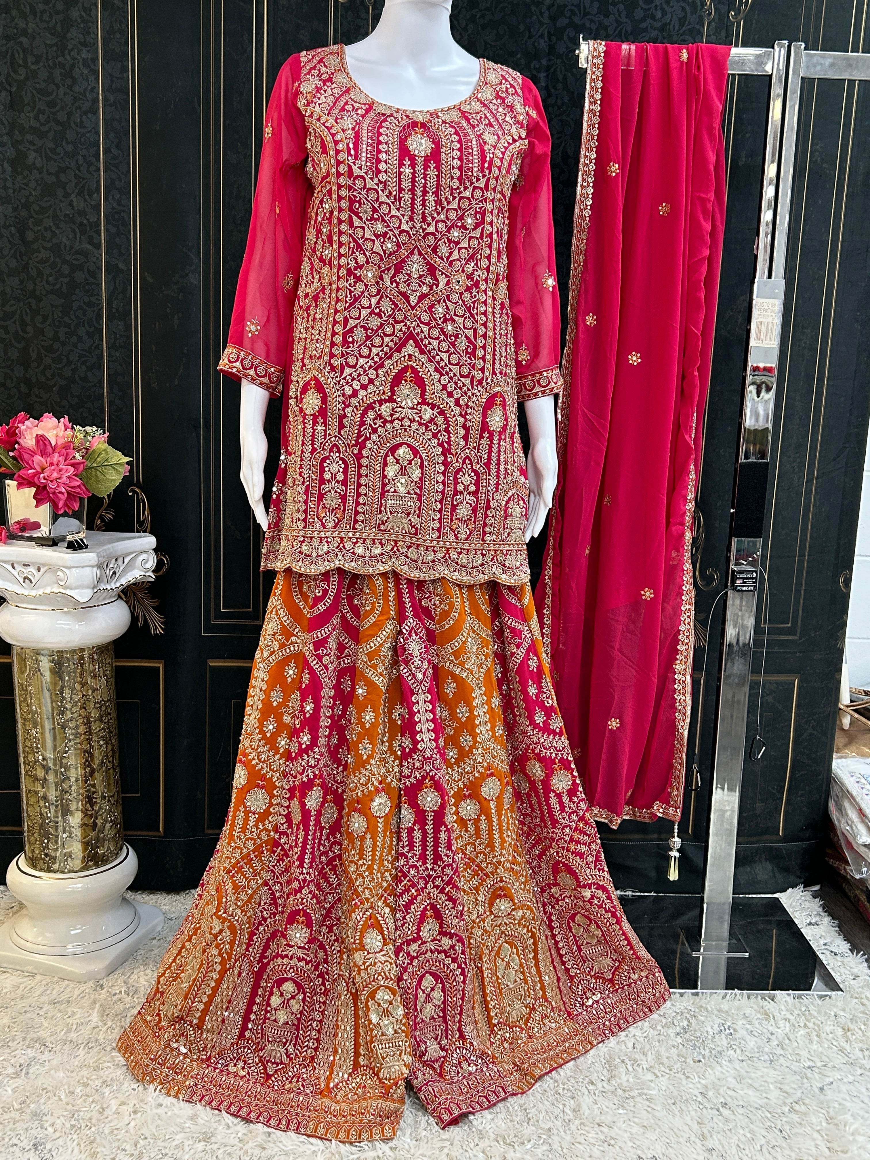 Dark pink sharara suit with heavy work