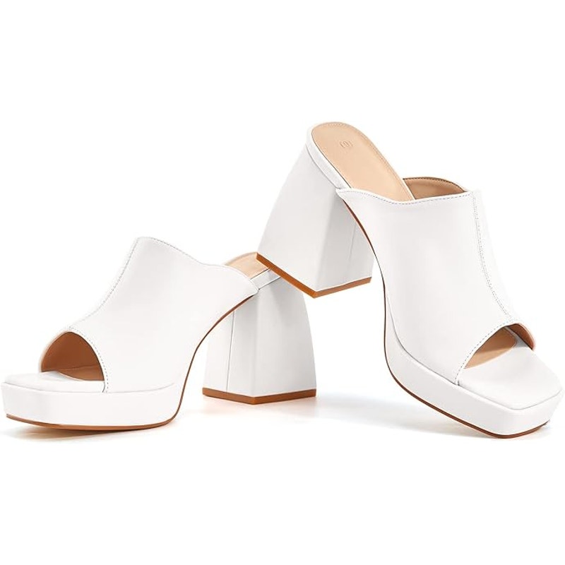 Coutgo Womens Size 9 White Faux Leather Open Toe 6" Block Heel Platform Shoes