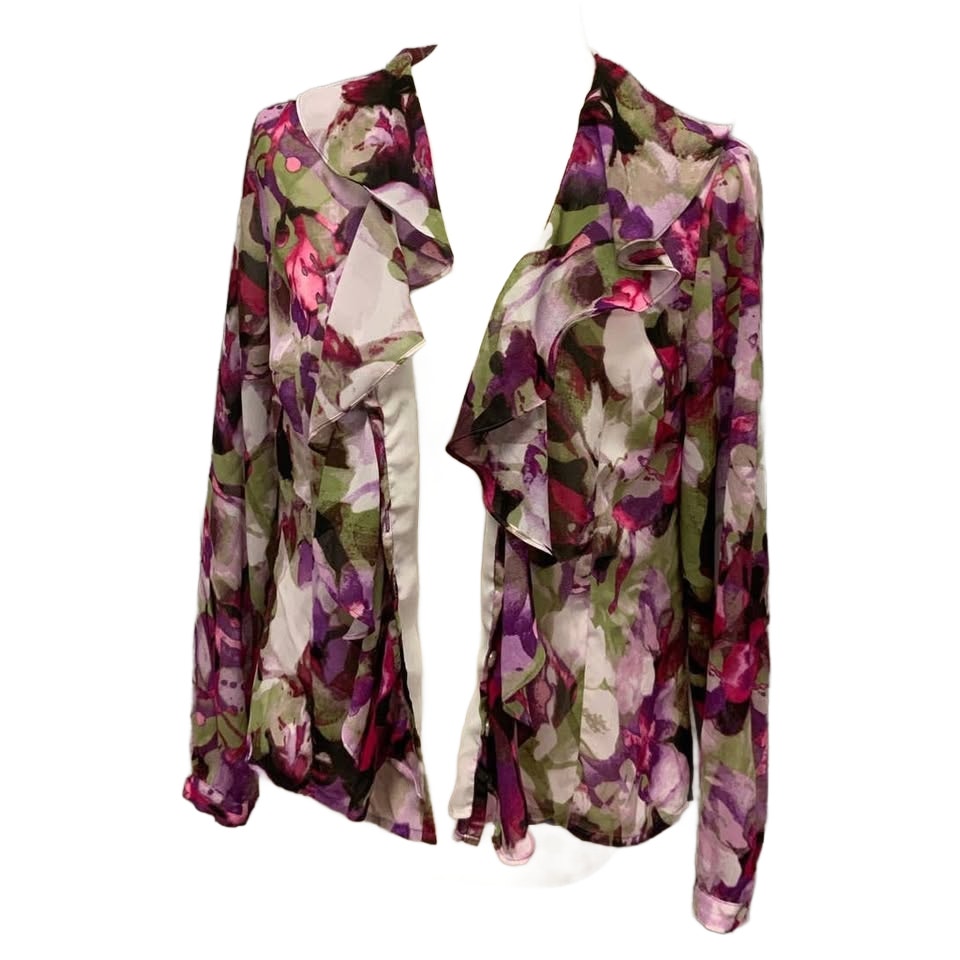 Evan Picone Petite 12P Long Sleeve Floral Ruffled Polyester Button Down Blouse