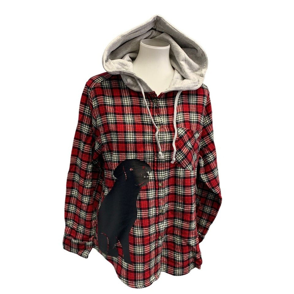 New Hand Printed Womens XL Black Lab Dog Long Sleeve Plaid Flannel Hoodie
