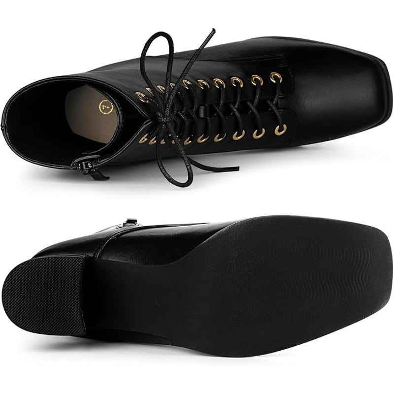 New Allegra K Womens Size 7 Black Faux Leather Lace Up 2.25" Chunky Heel Boots