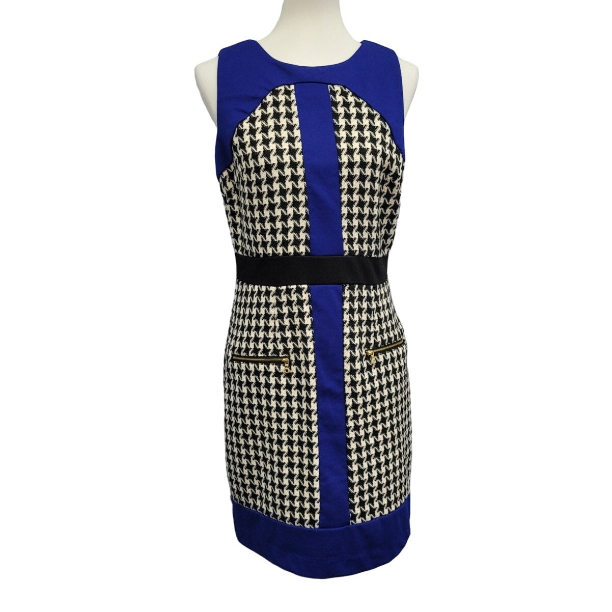 Beige Eci Size 8 Sleeveless Houndstooth Acrylic Career Knee Length Sheath Dress