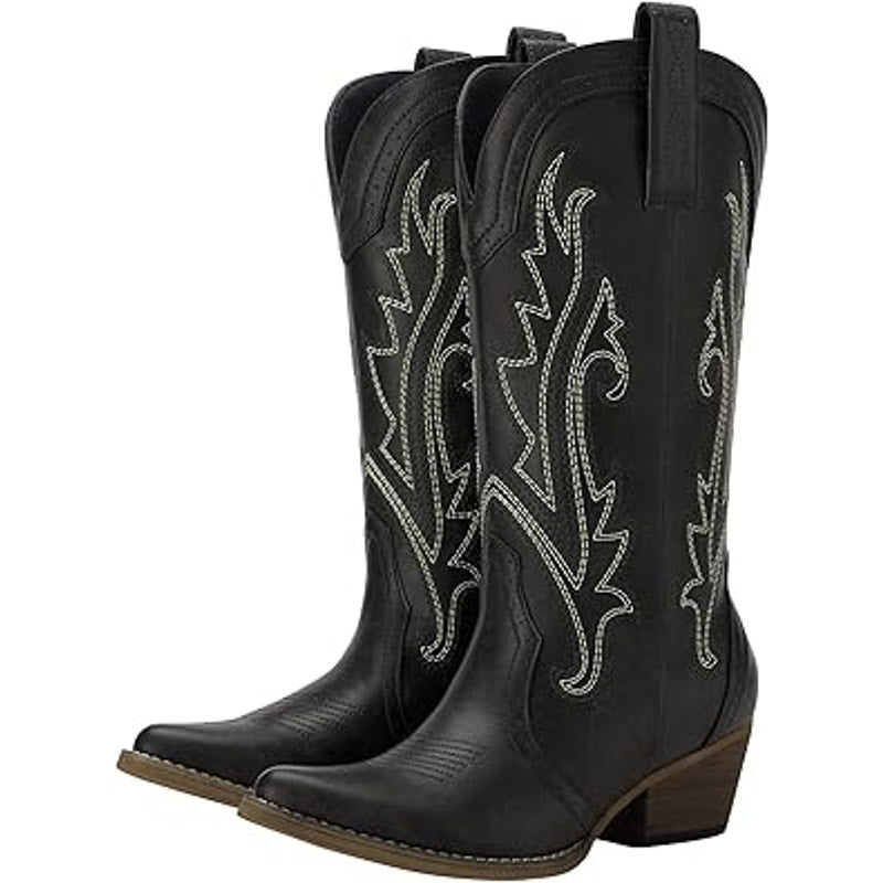 Rollda Womens Size 6 Black Faux Leather 2" Heel Western Cowboy Boot Shoes