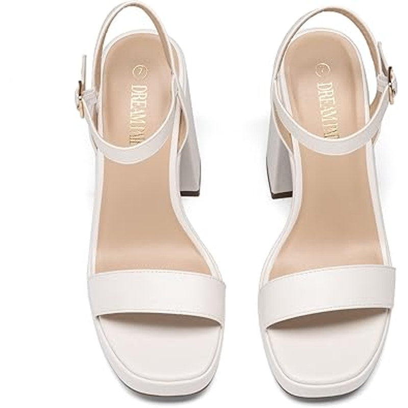 Dream Pairs Women Size 10 White Faux Leather 4.5" Chunky Heel Open Toe Shoes