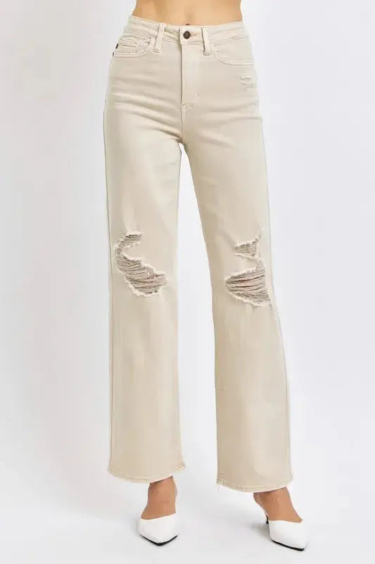 Bone Full/Plus Size High Waist Distressed Wide Leg Judy Blue Jeans