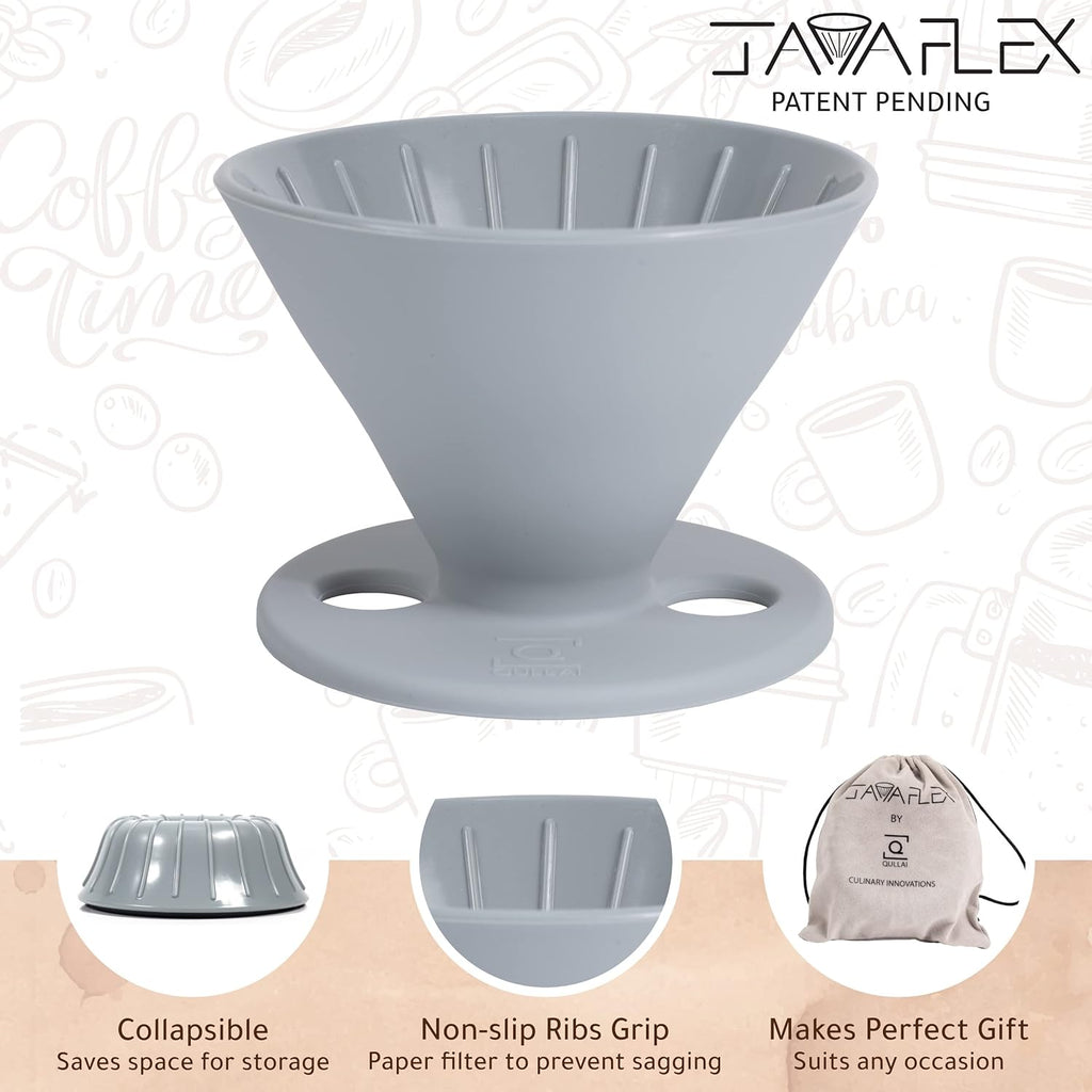 The Original Javaflex Premium Foldable Silicone Pour over Coffee Maker and Storage Pouch. Uses #2 V60 Cone Coffee Filters