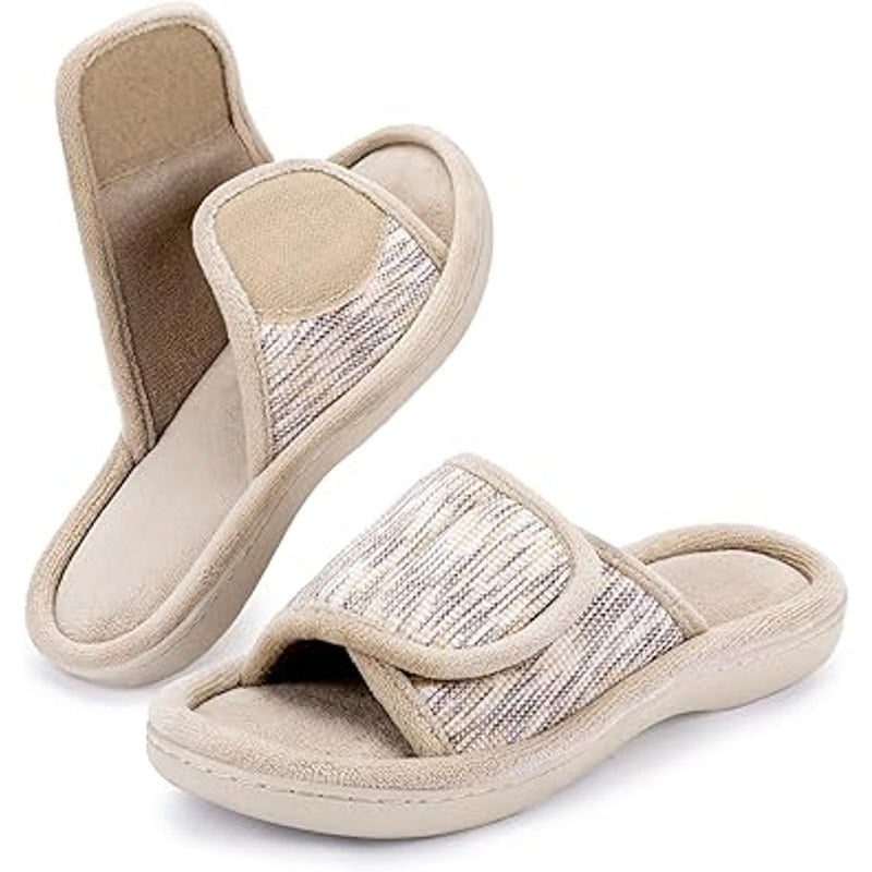 RockDove Womens Size 9/10 Tan Adjustable Hook Loop Memory Foam Slide Slippers