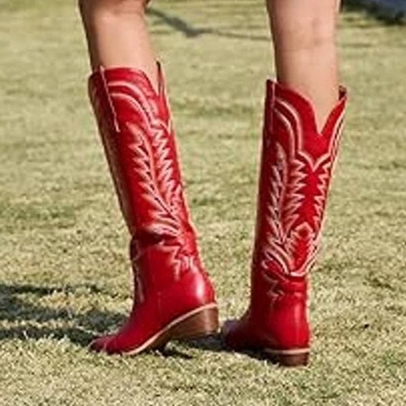 Isnom Womens Size 7.5 Red Faux Leather Embroidered 2" Block Heel Cowboy Boots