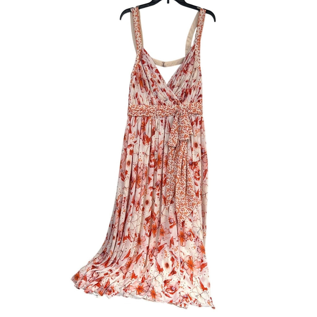 Badgley Mischka Size 14 Pink Floral Cris Cross Back Deep V Flowy Maxi Dress Gown