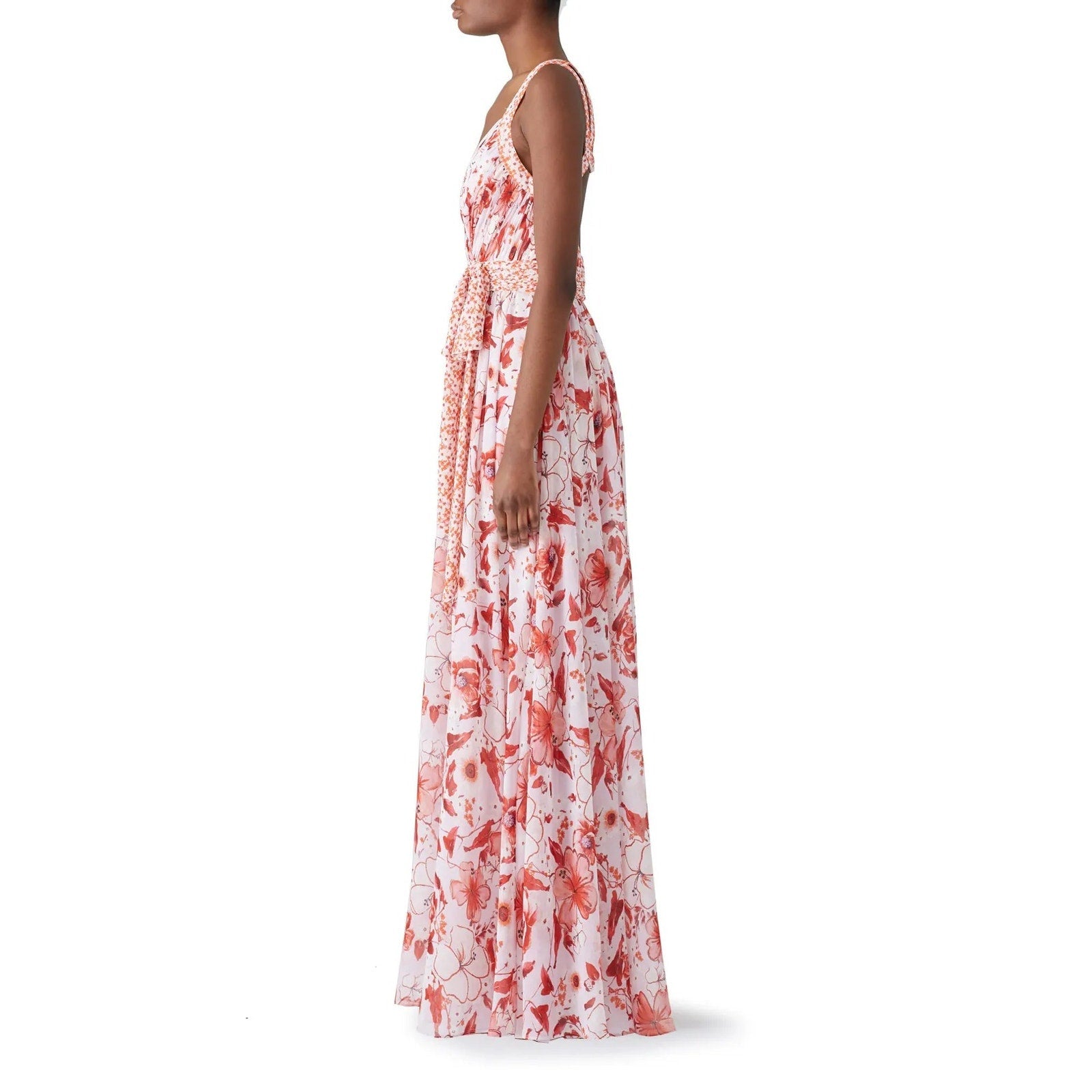 Badgley Mischka Size 16 Pink Floral Cris Cross Back Deep V Flowy Maxi Dress Gown