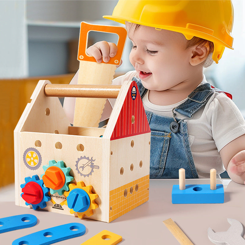 Children's wooden multifunctional toolbox, busy block, screw and nut removal, hand-held tool, blue puzzle toy
