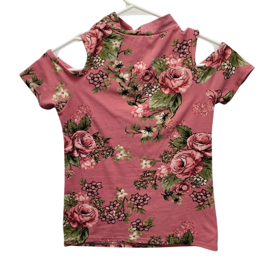 Glitter Girl Girls Size 7/8 PolySpandex Floral Cold Shoulder Key Hole Top