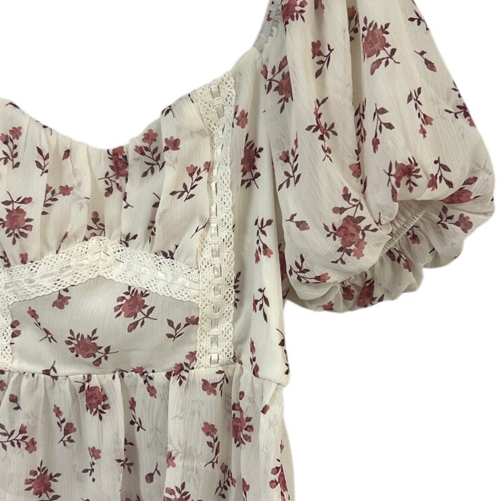 New Francescas Womens Medium Cream Pink Floral Boho Blouson Cottage Smocked Top