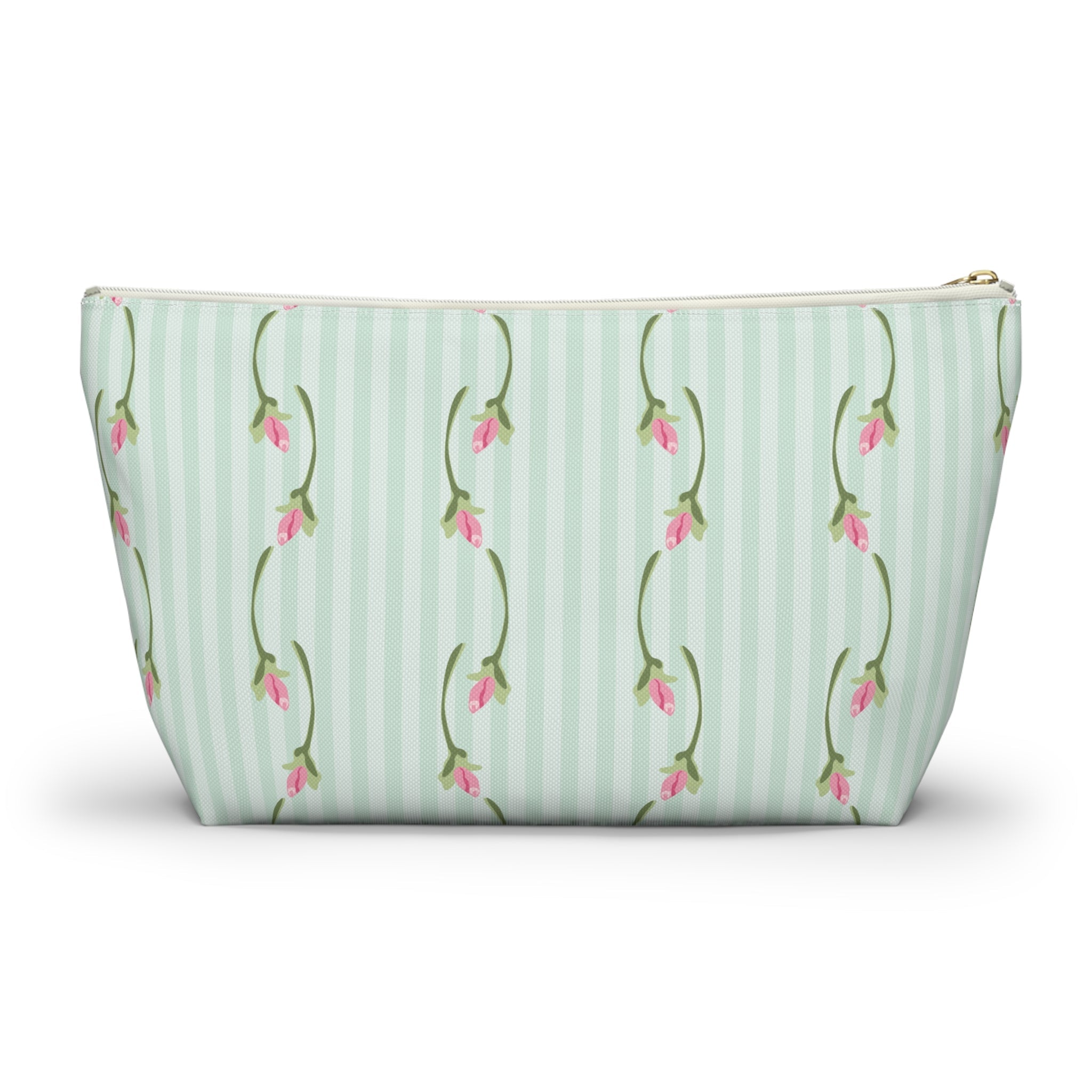 Customizable: Floral Print Accessory Pouch | Cute Makeup Bag, Travel Organizer, Gift for Her, Floral Clutch, Green Striped Bag