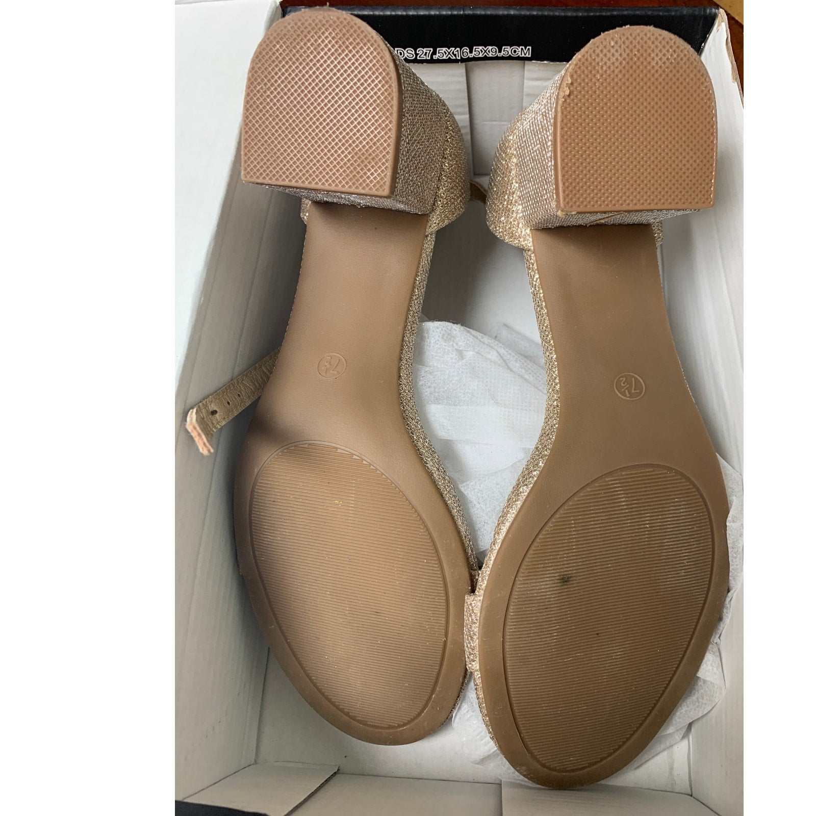 Mysoft Womens Size 7.5 Gold Glitter 2.5" Chunky Heel Open Toe Ankle Strap Shoes