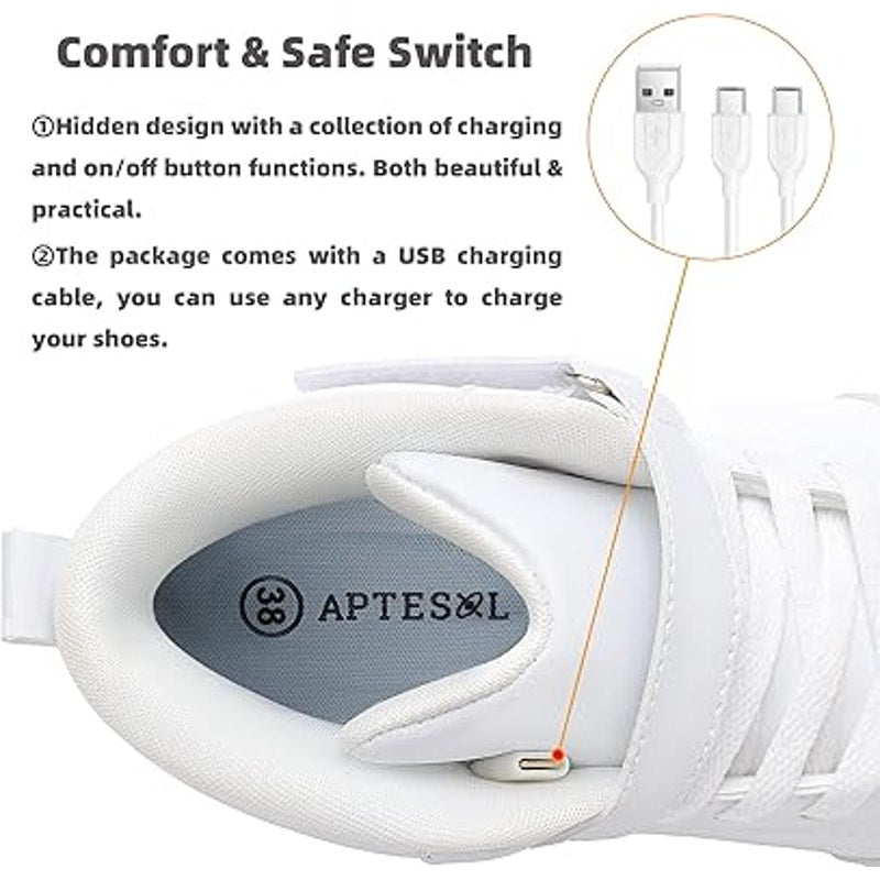 Aptesol Girl Size 6 White Rechargeable LED Light Up Adjustable Hook & Loop Shoes