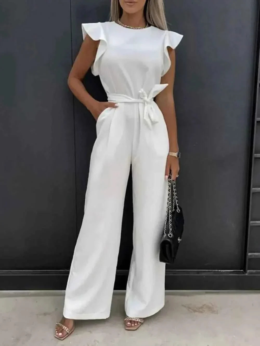 Ruffled Round Neck : Cap Sleeve Jumpsuit