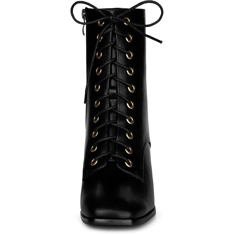 New Allegra K Womens Size 7 Black Faux Leather Lace Up 2.25" Chunky Heel Boots