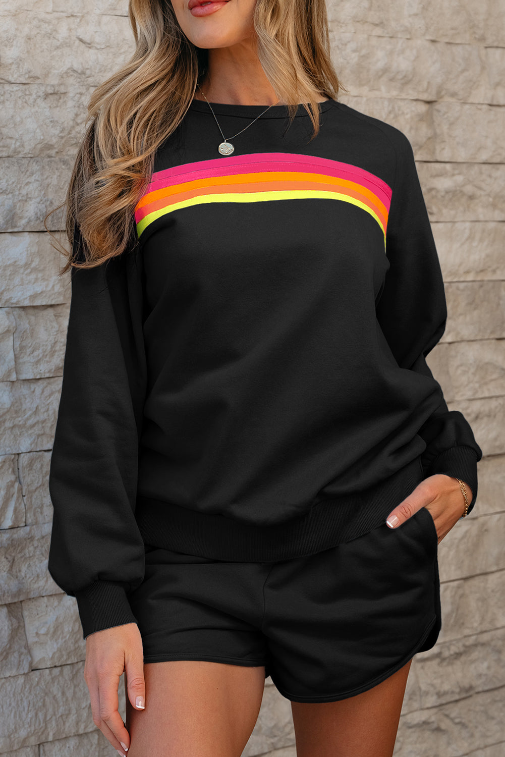 Luxury Striped Accent Pullover and Shorts Two Piece Casual Set