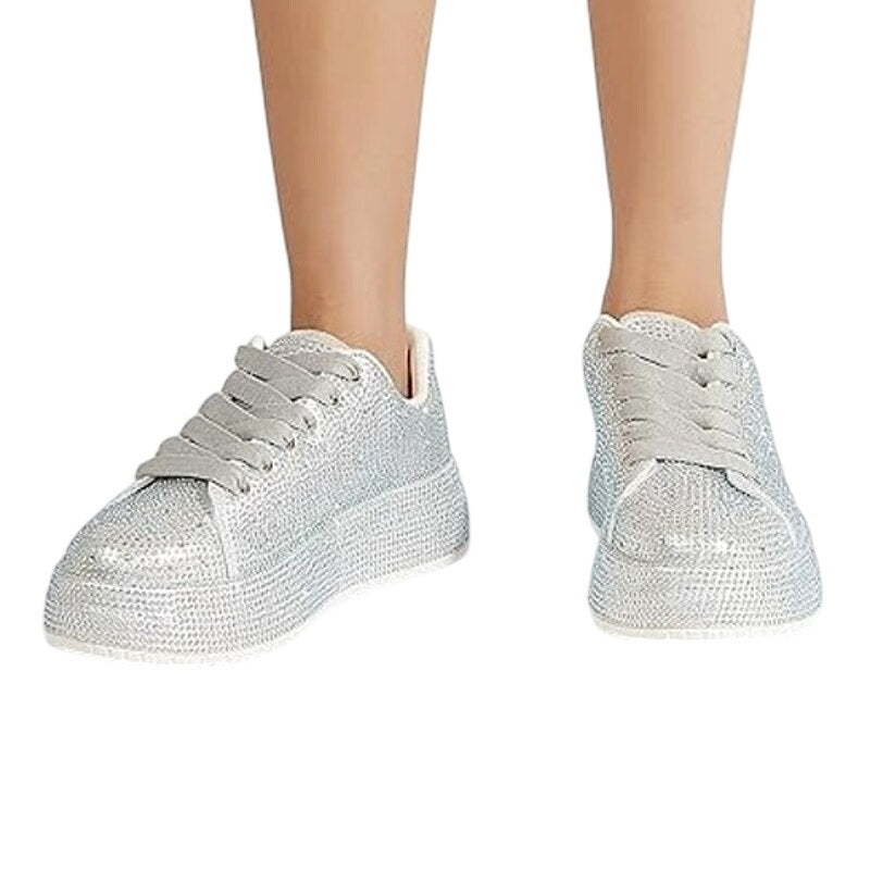 Lucky Step Womens Size 8 Silver Rhinestone Lace Up 1.5" Platform Sneakers Shoes