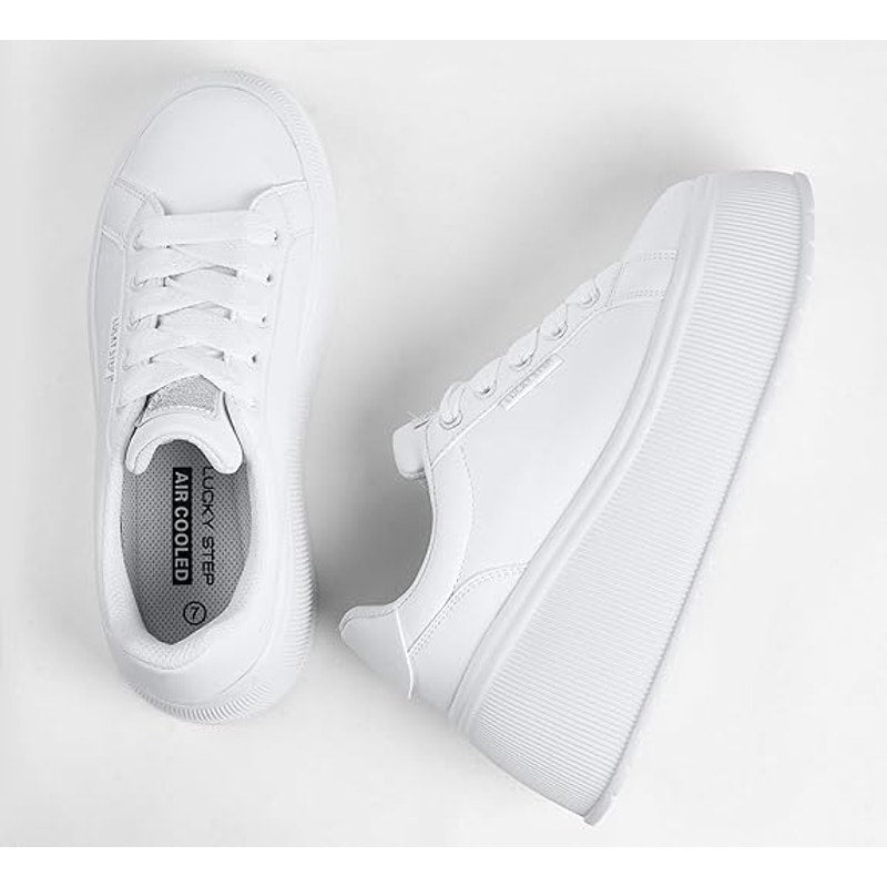 New Lucky Step Womens 8 White Classic Wedge Canvas Platform Fashion Sneakers