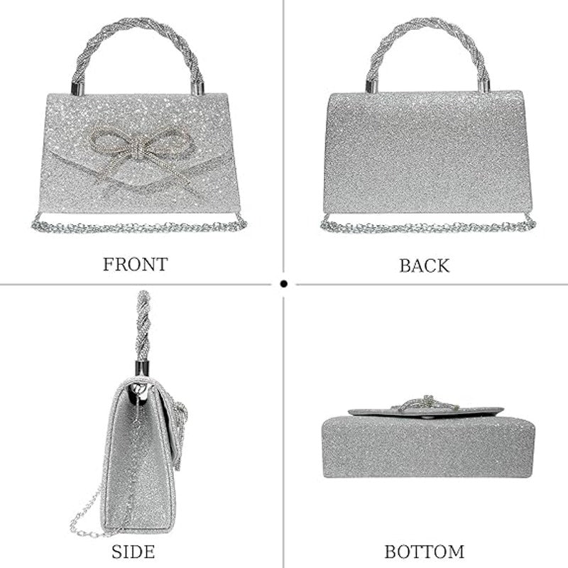 Womens Silver Sparkly Glitter Bow Clutch Shoulder Dressy Evening Purse Handbag
